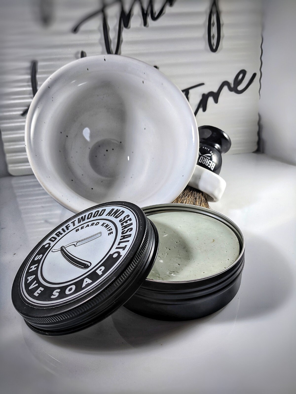 Wet Shave Set Soap, Brush ornate large ceramic pottery bowl dipped and