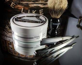 Mens Bathroom Starter Pack. Razor,  Shave Soap,  badger Brush, Murphy & McNeil Barbershop Saint James Slainte Gift set