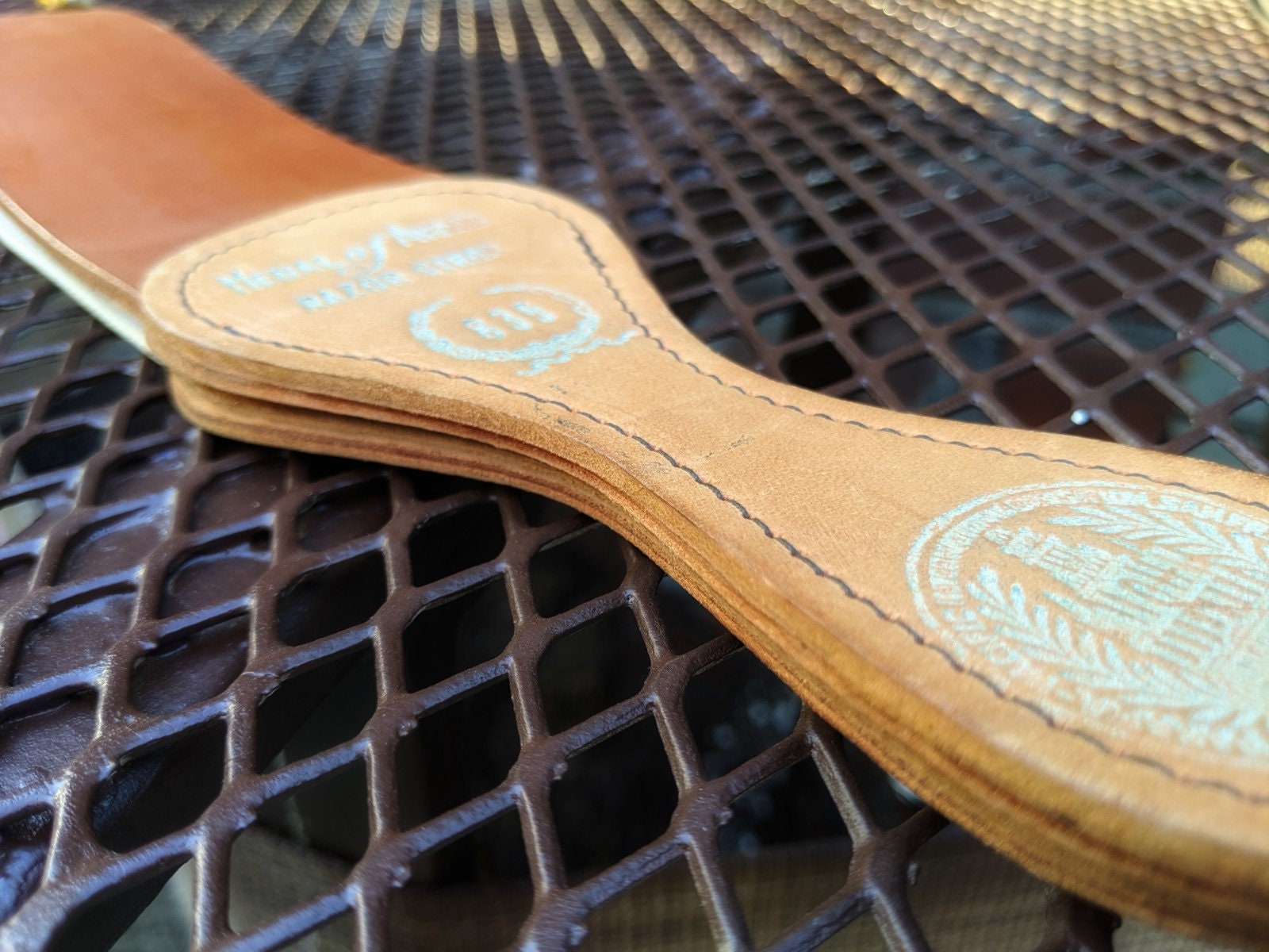 NOS Antique 1915 Horse Hide Leather Barber Razor Hone Strop Medal of Award A