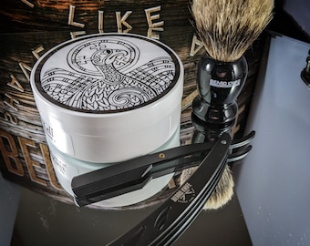 Mens Bathroom Starter Pack. Razor,  Shave Soap,  badger Brush, Murphy & McNeil Barbershop KELLS  Shaving Soap set