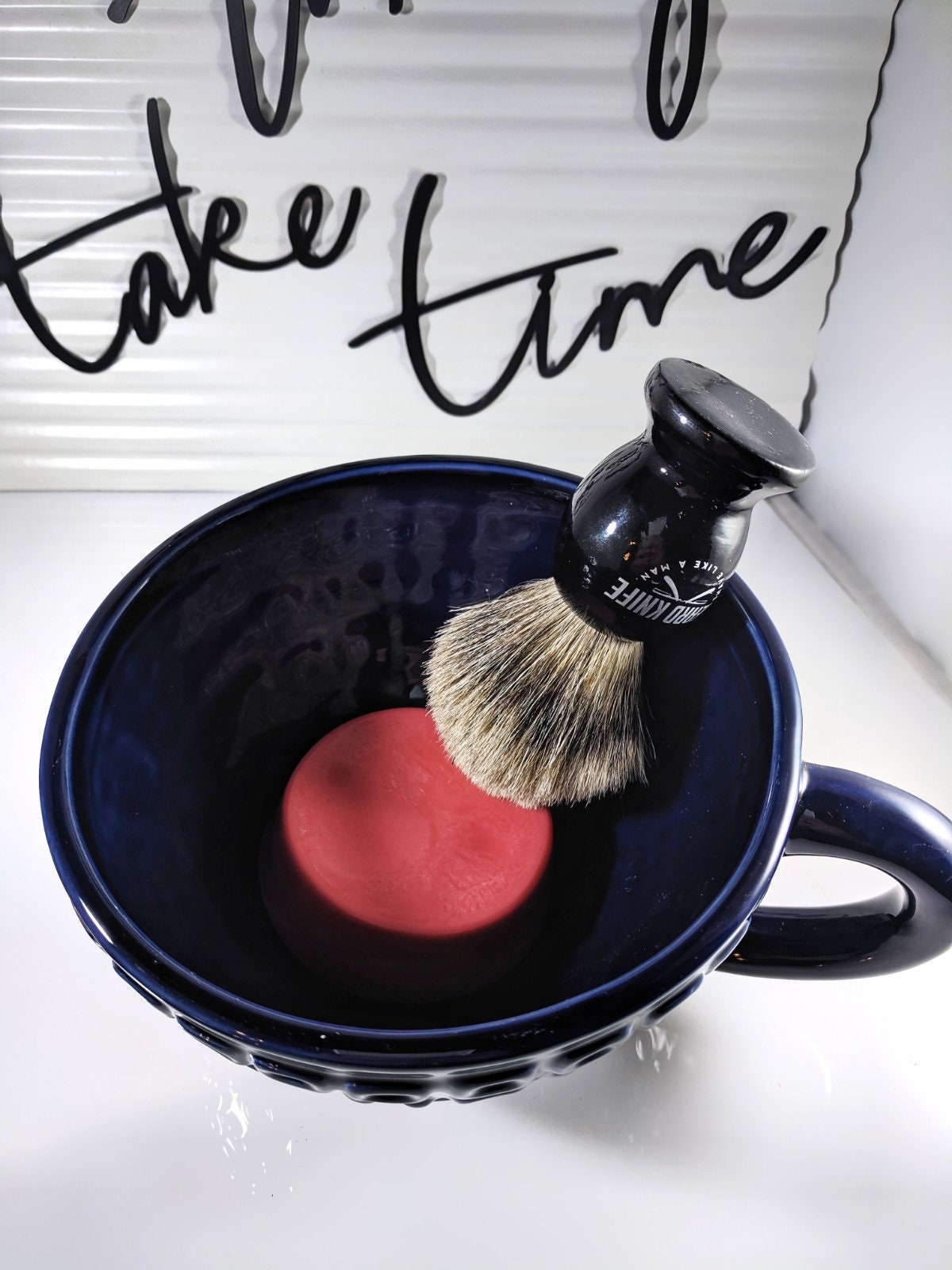 Wet Shave Set Soap, Brush ornate large ceramic navy bowl