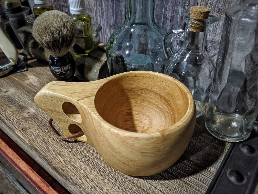 Lathe turned natural Wood Shave bowl finger holes shaving soap shaving