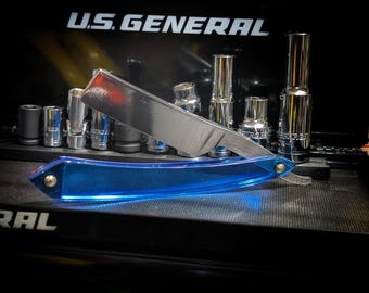 6/8 Wade & Butcher straight razor shave ready custom blue bottle scales acrylic