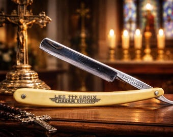 Vintage Les Trois Croix 38 Solingen Full Hollow Straight Razor Christian Symbolism