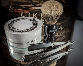 Mens Bathroom Starter Pack. Razor,  Shave Soap,  badger Brush, Murphy & McNeil Barbershop Ouroboros Shaving Soap