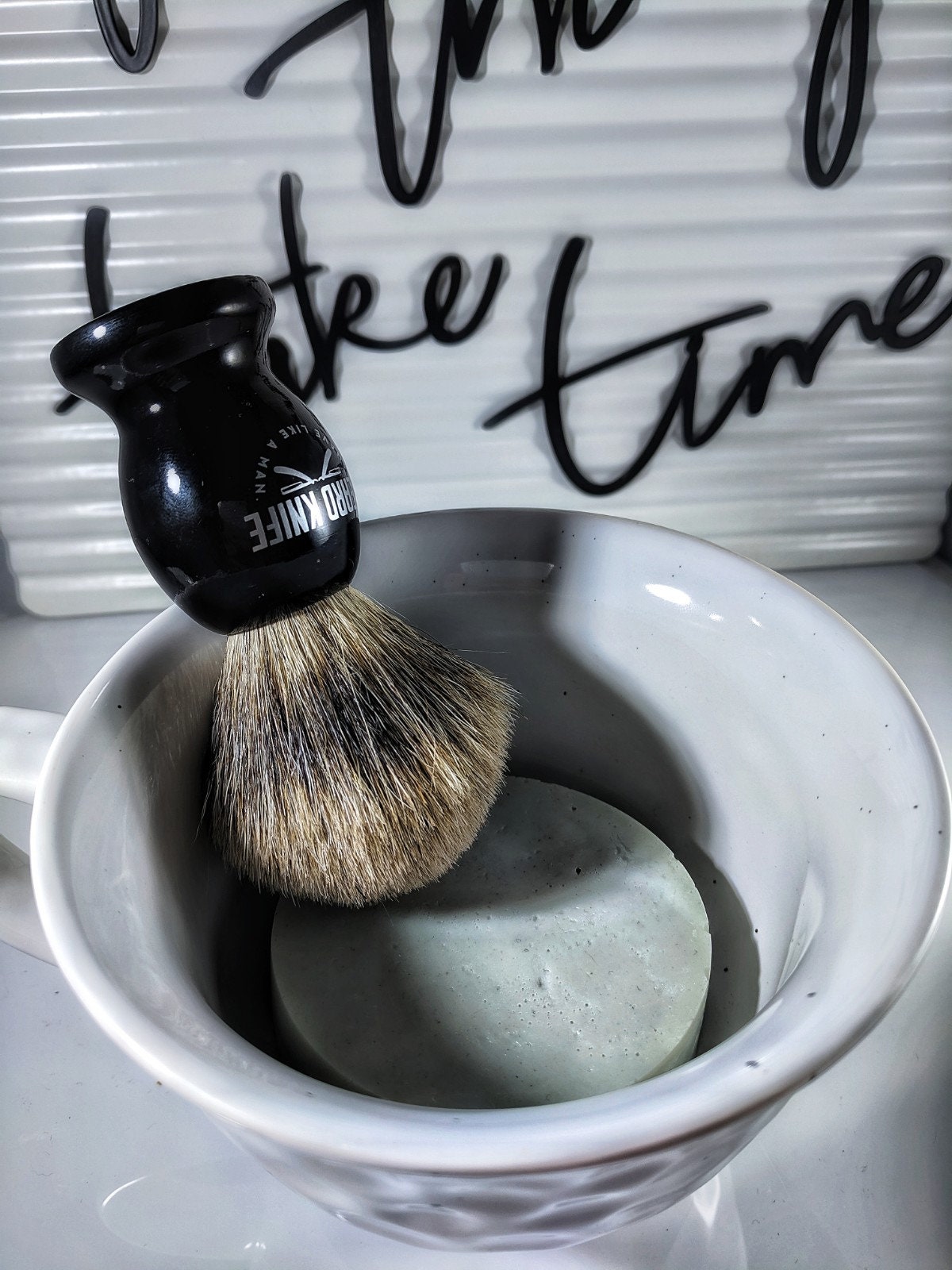 Wet Shave Set Soap, Brush ornate large ceramic pottery bowl dipped and