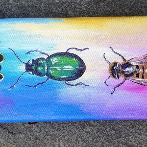Frequent Fliers- Originial acrylic painting, firefly, beetle, bee, colorful art, nature, home decoration