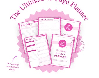 May include: A pink and white planner with the text "The Ultimate 49 Page Planner" and "DAILY | WEEKLY | MONTHLY | YEARLY". The planner includes sections for to-do lists, weekly planning, annual goal planning, and a 30-day planner.