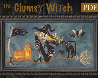 The Clumsy Witch Cross Stitch Pattern, Halloween Witch Cross Stitch, PDF Pattern, Cottage Garden Samplings
