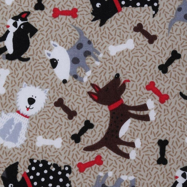 Puppy dog cotton fabric- fabric by the yard - brown dog fabric - dog fabric - fabric with dogs bones - puppy fabric - puppy cotton