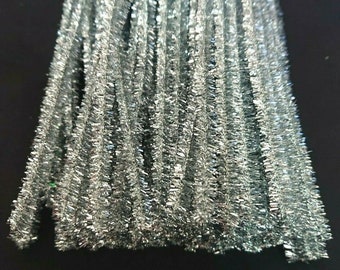 100 x SILVER Tinsel Metallic Jumbo Craft Pipe Cleaners Chenille Stems 30cm  x 6mm