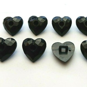 Set of 10 x 16mm Black Heart Shaped Faceted Domed Shank Buttons - Craft Sewing