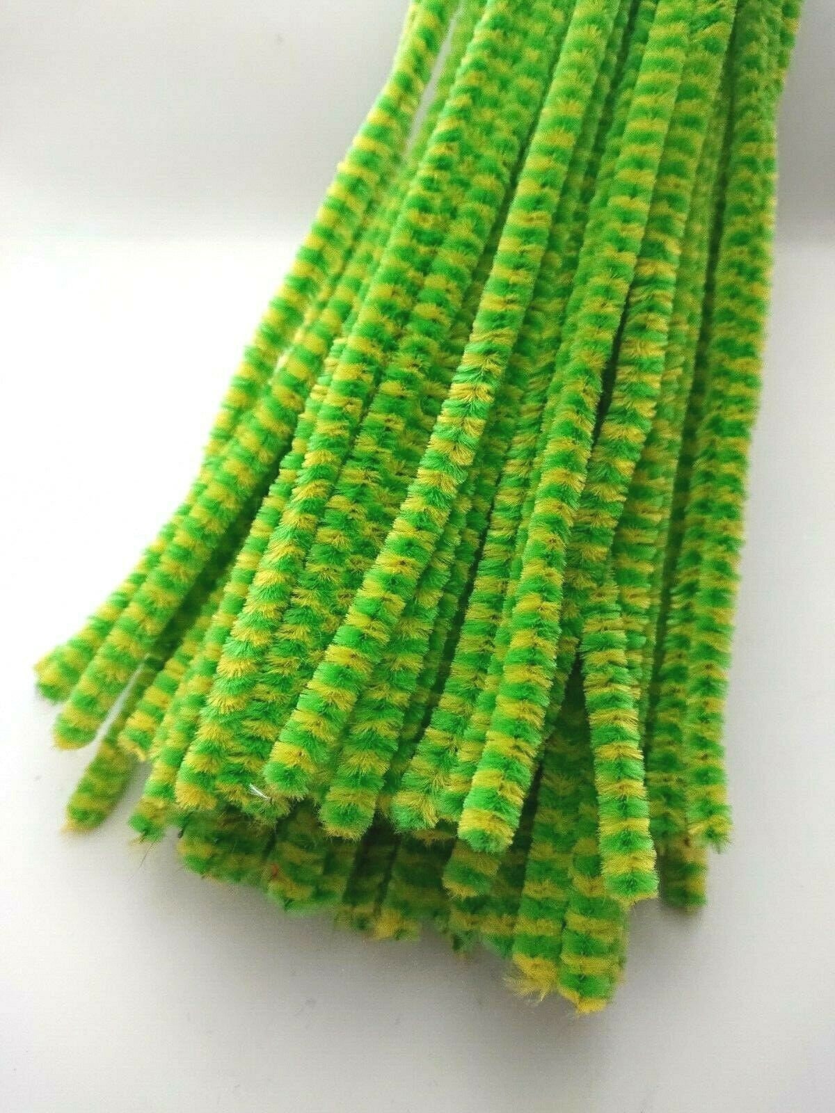 100 x Premium Craft Pipe Cleaners Chenille Stems 30cm x 6mm GREEN / YELLOW  STRIPE