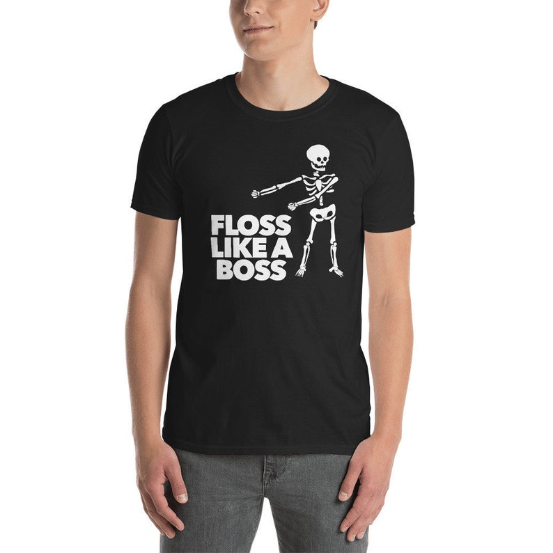 floss like a boss shirt youth Short-Sleeve Unisex T-Shirt flossing skeleton t-shirt floss like a boss flossing skeleton Halloween T Shirt image 1