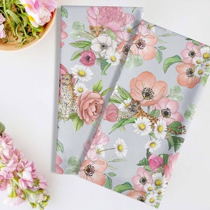 Menagerie Tea Towel - Leopard and Flowers, Organic Cotton, Peony, Daisy, Handpainted, Premium, Fancy Dish Towel, Kitchen Towel, Housewarming