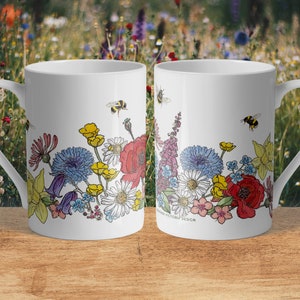Wildflower & Bees Fine Bone China Mug - High Quality, Dishwasher Safe, Hand, Bees