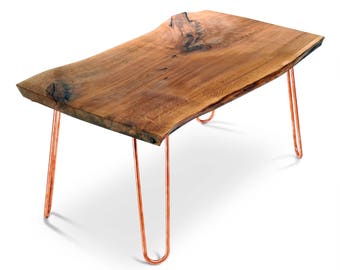 Wood Live edge table Copper Hairpin legs Modern dining table Modern coffee table Modern desk Copper legs Midcentury table Reclaimed oak top