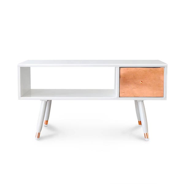 High Gloss White TV stand Copper fronts Entertainment unit Contemporary tv table Shiny finish Modern tv stand White media unit Midcentury