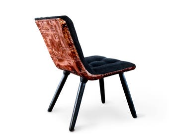 Lounge Chair Black fabric and Solid Copper Modern chair with copper rivets and plates Living room solid wood and copper chair Mid century