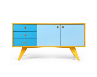 Multi color Sideboard Blau und Gelb Midcentury Anrichte Bunter Schrank Helles Buffet Moderner TV Tisch Handgefertigte Möbel