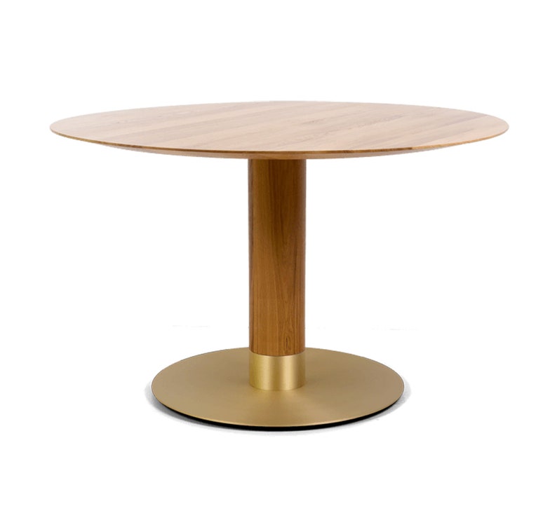 Round Dining Table Luxury Modern Brass Base Large Unique Handmade Oak