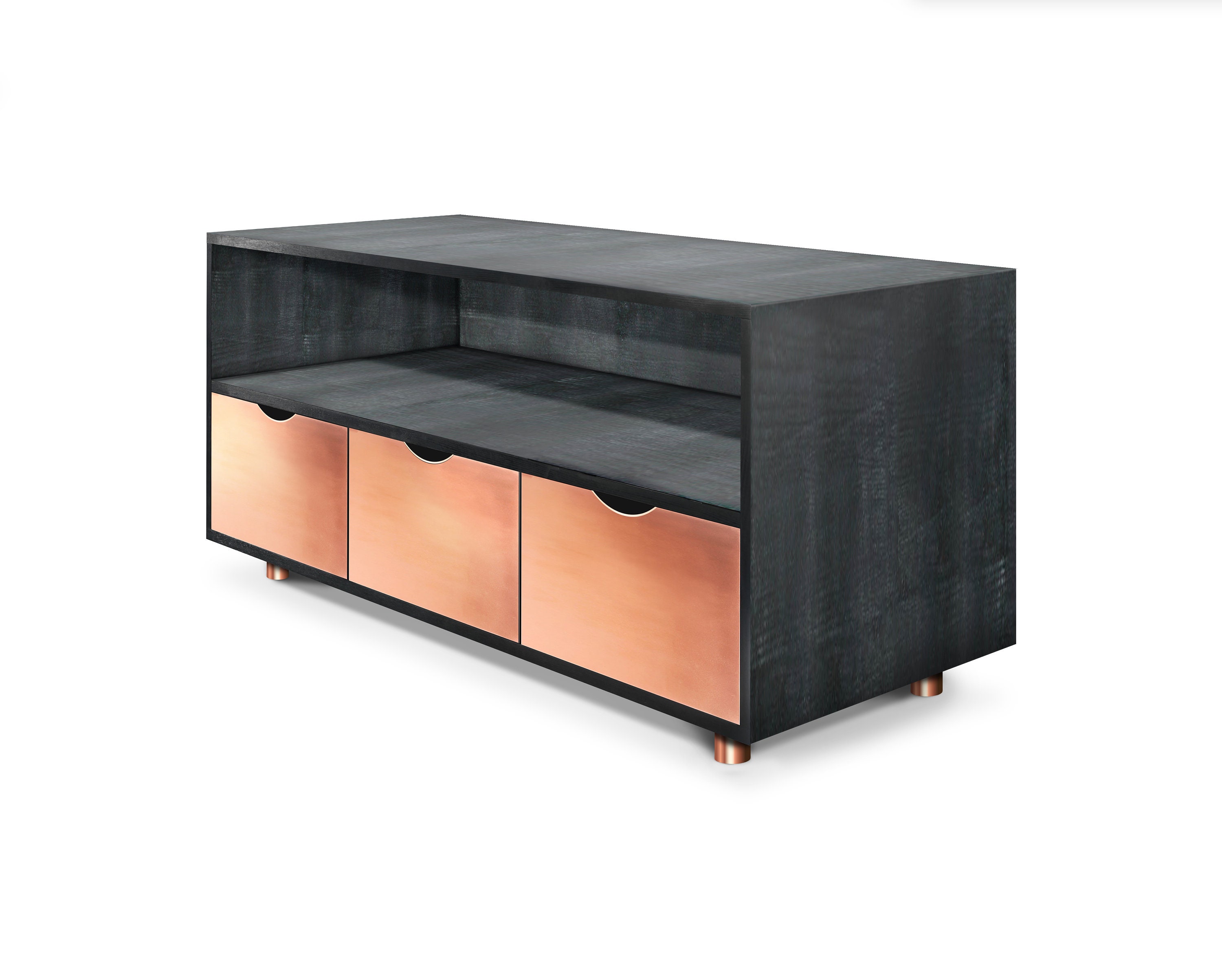 Large Black TV Stand With Drawers for Storage Copper Fronts Modern