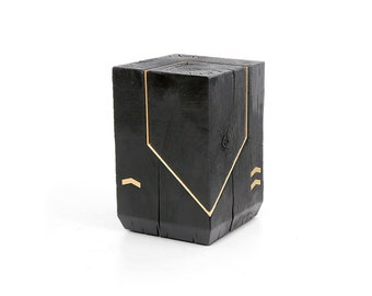 Black Charred Wood Side Table with brass inlays