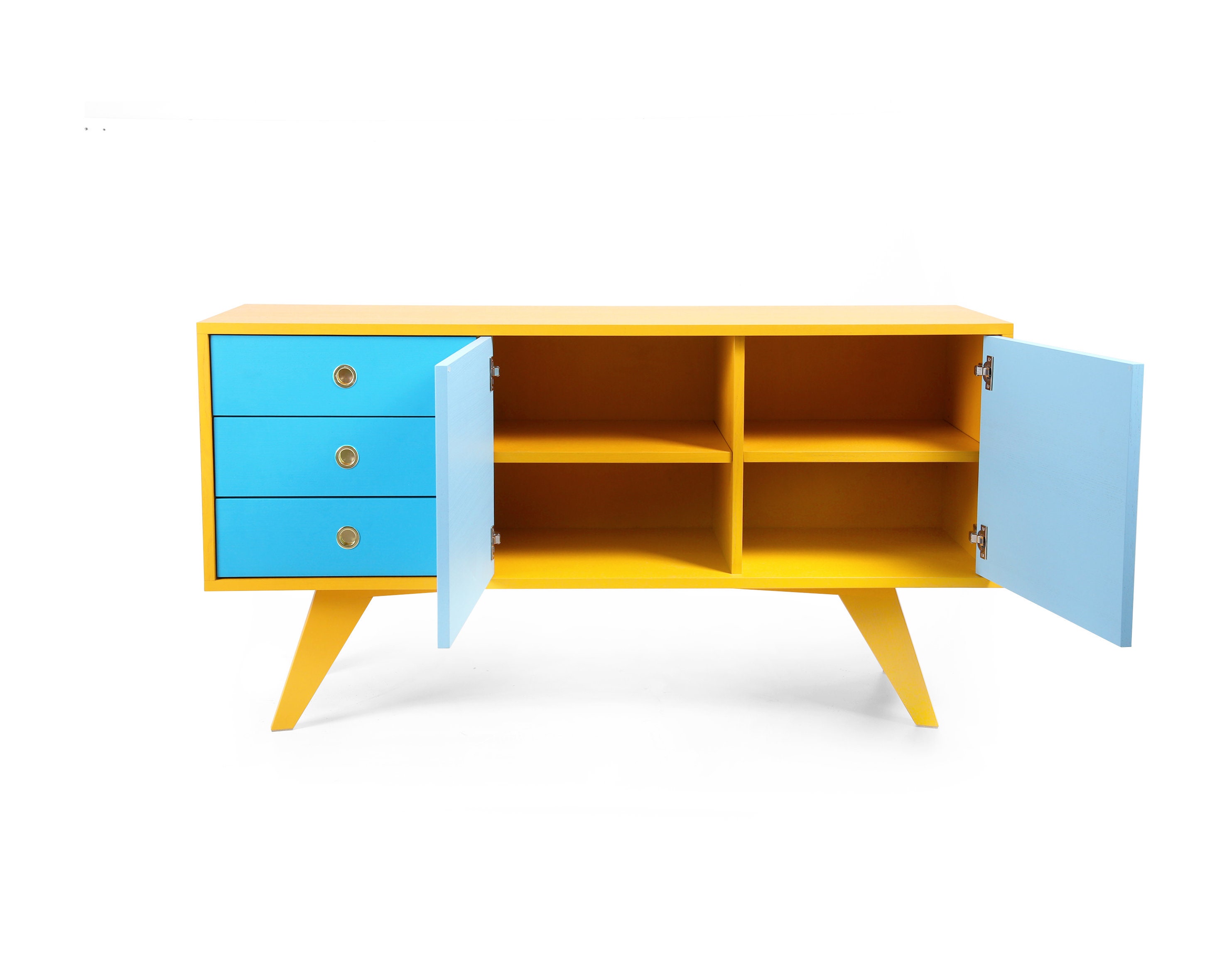 Multi Color Sideboard Blue and Yellow Midcentury Credenza