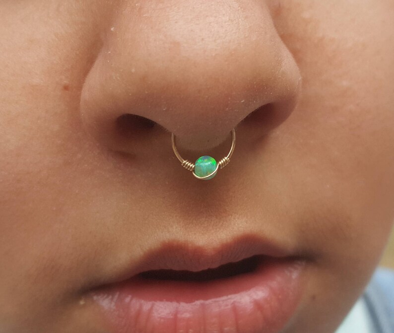 Gold Septum,14k solid gold septum,blue opal septum,tiny septum,septum jewelry,piercing septum,clip on septum,septum ring,real septum