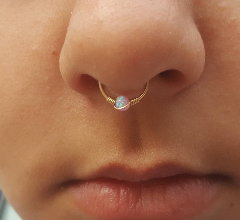 Gold Septum,14k solid gold septum,blue opal septum,tiny septum,septum jewelry,piercing septum,clip on septum,septum ring,real septum