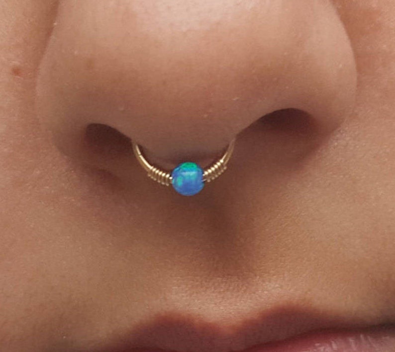Gold Septum,14k solid gold septum,blue opal septum,tiny septum,septum jewelry,piercing septum,clip on septum,septum ring,real septum