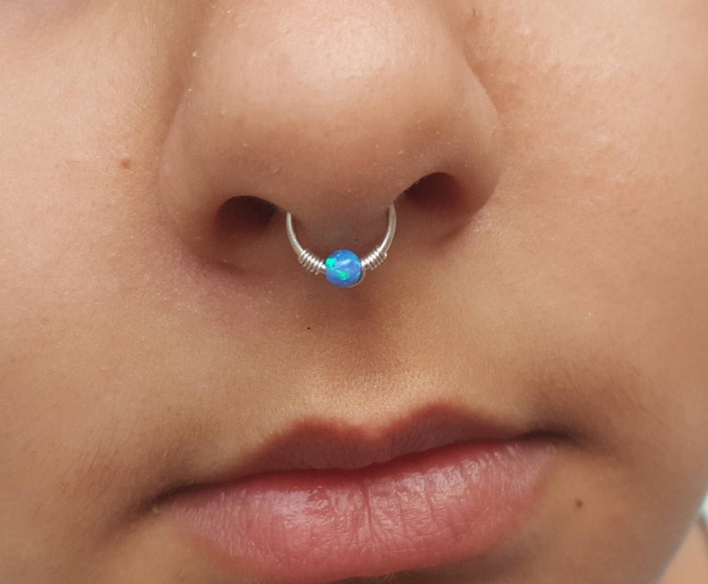 Gold Septum,14k solid gold septum,blue opal septum,tiny septum,septum jewelry,piercing septum,clip on septum,septum ring,real septum