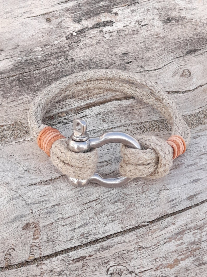 BRACELET CHANVRE/CUIR manille inox CUIR NATUREL