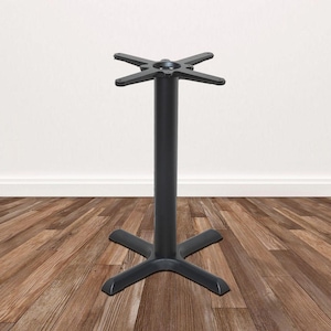 May include: A black table base with a four-pronged base and a central column. The top of the column has a four-pronged design to support a tabletop. The base is made of metal and is suitable for commercial or residential use.