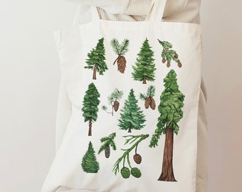 Forest tote bag. Watercolor pine tree chart shopper bag. Botanical tote bag. Nature art printed tote bag