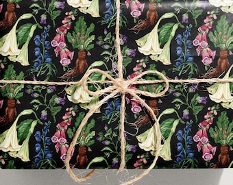 Poison Garden Wrapping Paper, Goth Halloween Gift Wrap, Set of 3
