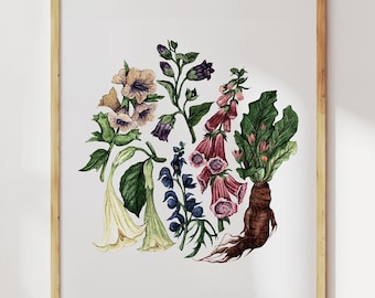 Poisonous Plants Botanical Art Print, Witchy Herbology Wall Decor