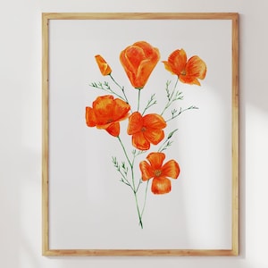California poppy print. Watercolor California poppies painting wild flower print. Bright wall art - California State Flower