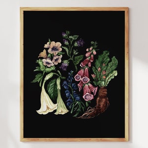Poison garden dark botanical print. Poisonous plant art. Witchy wall art. Magical Herbology-Mandrake,Deadly Nightshade,Wolfsbane,Henbane
