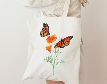 Monarch butterfly tote. Botanical tote bag. California poppy wildflower bag. Watercolor nature tote bag