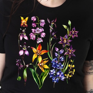 Watercolor Wild Orchid T-Shirt: Tropical Botanical Art, Black Cotton