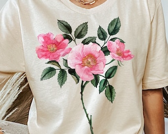 Wild Rose T-shirt: June Birth Flower, Illustrated Botanical Graphic Tee. Mothers Day Gift