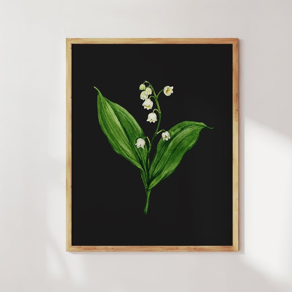 Lily of the valley dark botanical print. Lily of the valley wall art. Watercolor lily of the valley black art print. Spring wildflower art