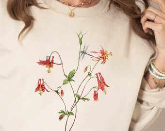 Columbine Sweatshirt: Red Wildflower & Dragonfly Botanical Crewneck