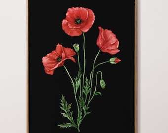 Red poppy art print. August birth month flower art. Watercolor birth flower prints. Red poppy dark botanical painting. Birth flower gift