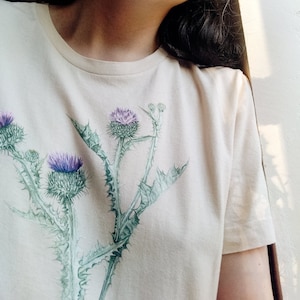Thistle botanical shirt. Sage green watercolor plant tshirt. Illustrated nature clothing. Native plant shirt. Friend gift