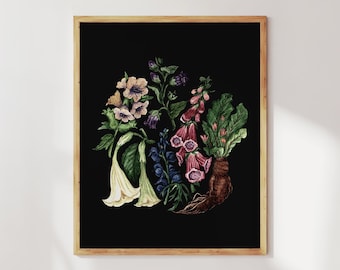 Poison garden dark botanical print. Poisonous plant art. Witchy wall art. Magical Herbology-Mandrake,Deadly Nightshade,Wolfsbane,Henbane