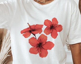 Hibiscus Shirt. Watercolor Floral Shirts. Hawaii Flowers Red Hibiscus Tee. Summer Clothing