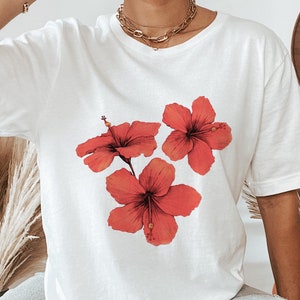 Hibiskus Shirt. Aquarell Blumen T-Shirt. Hawaii Blumen Rot Hibiskus Tee. Sommer Kleidung