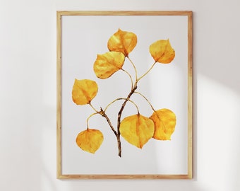 Aspen tree art print. Giclee botanical art print. Aspen leaf art. Aspen tree wall art. Branches painting. Autumn leaf art